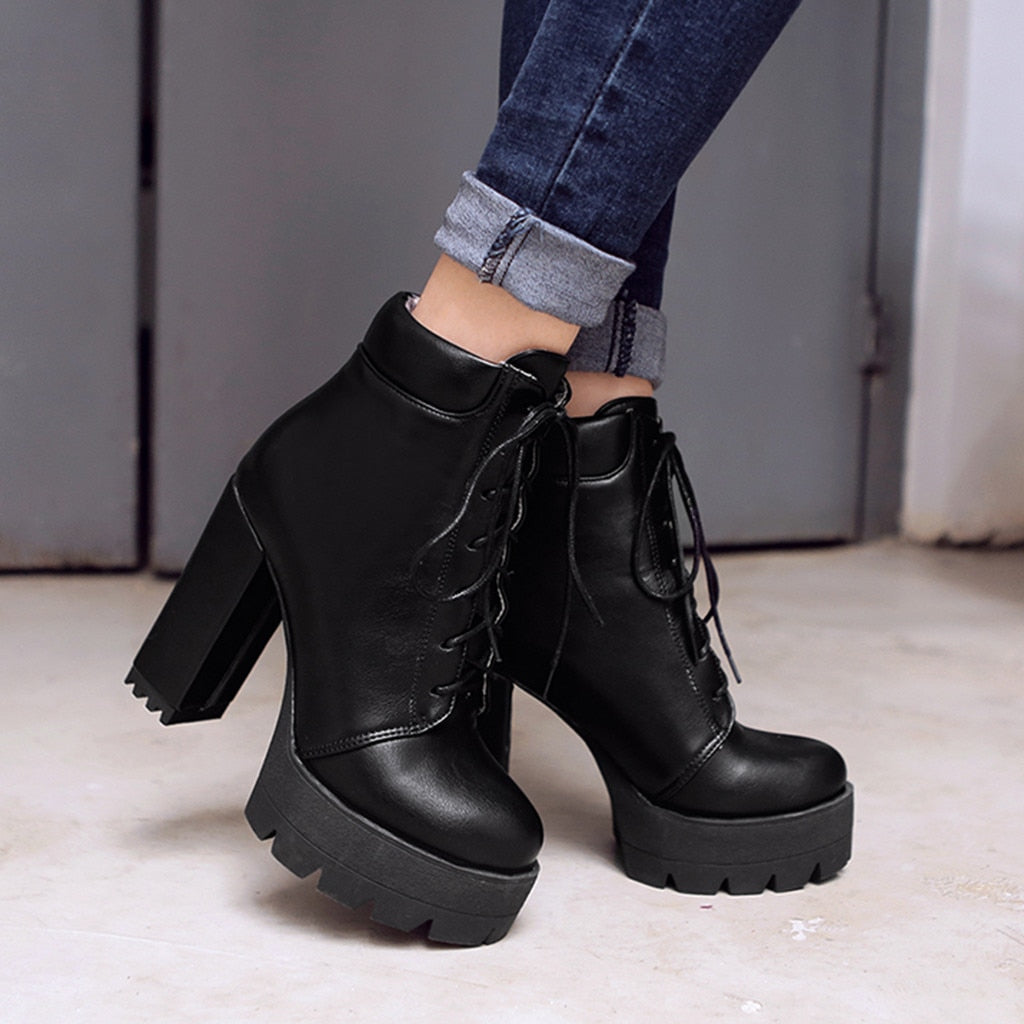Round Toe Ankle Boots. Women's Lace-Up Winter Shoes. WickedYo
